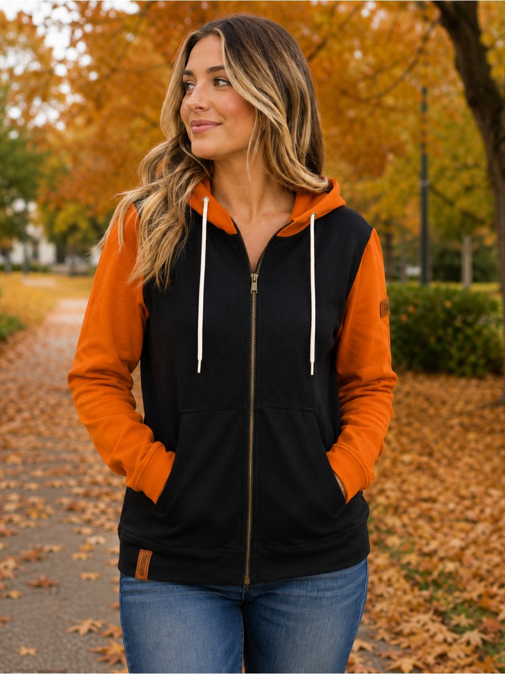 Women's Ampersand Avenue Black/Orange Colorblock Full Zip Hoodie size M NEW